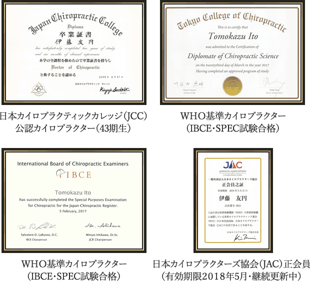 日本カイロプラクティックカレッジ（JCC）公認カイロプラクター（43期生）,ＷＨＯ基準カイロプラクター（IBCE・SPEC試験合格）,ＷＨＯ基準カイロプラクター（IBCE・SPEC試験合格）,日本カイロプラクターズ協会（JAC）正会員（有効期限２０１８年5月・継続更新中）